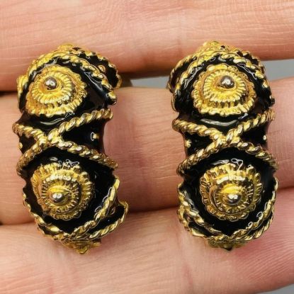 Picture of Vintage 80s Black Gold Tone Enamel Earrings